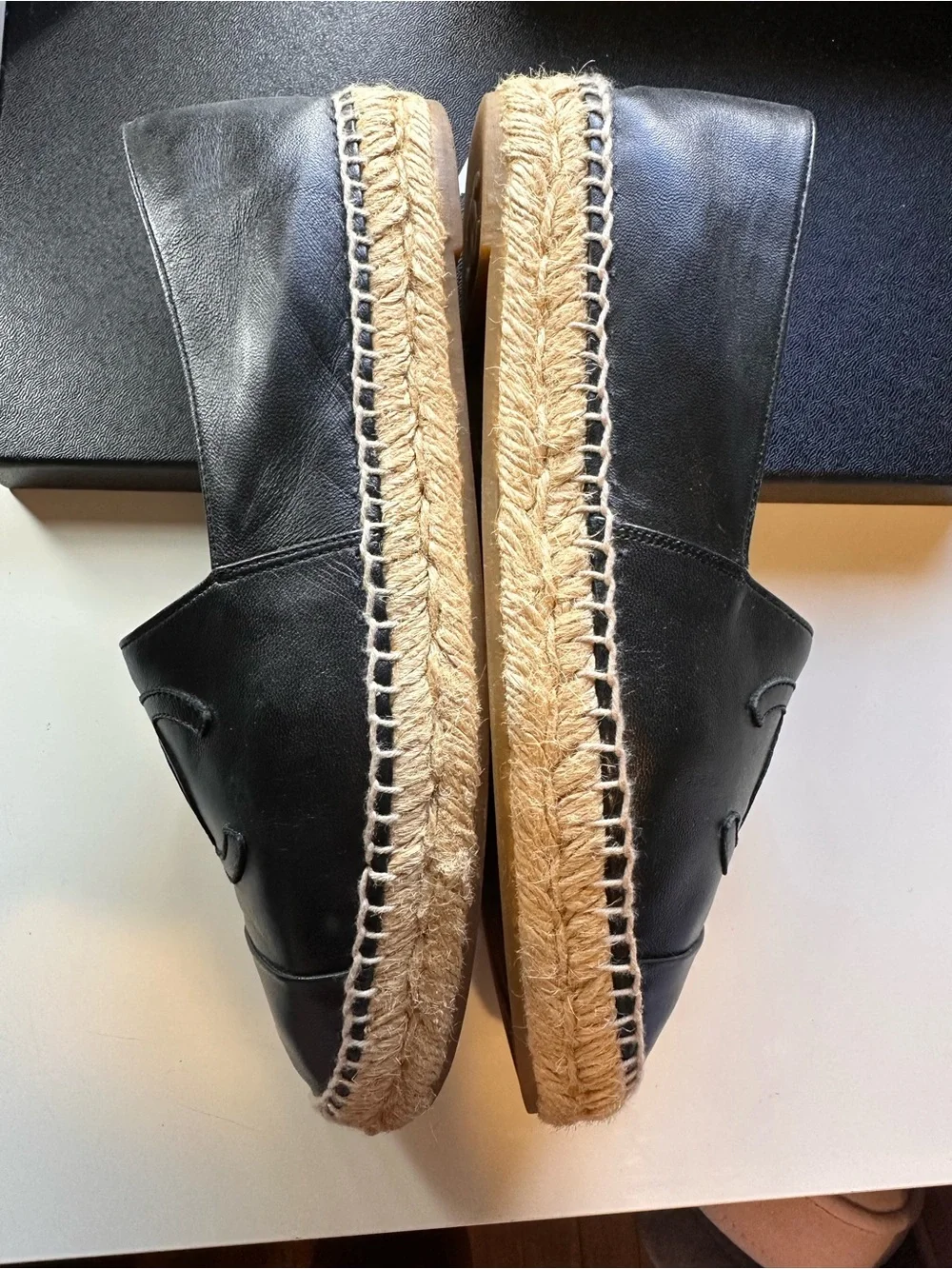 CHANEL Black Leather Espadrille Flats with Interlocked CC